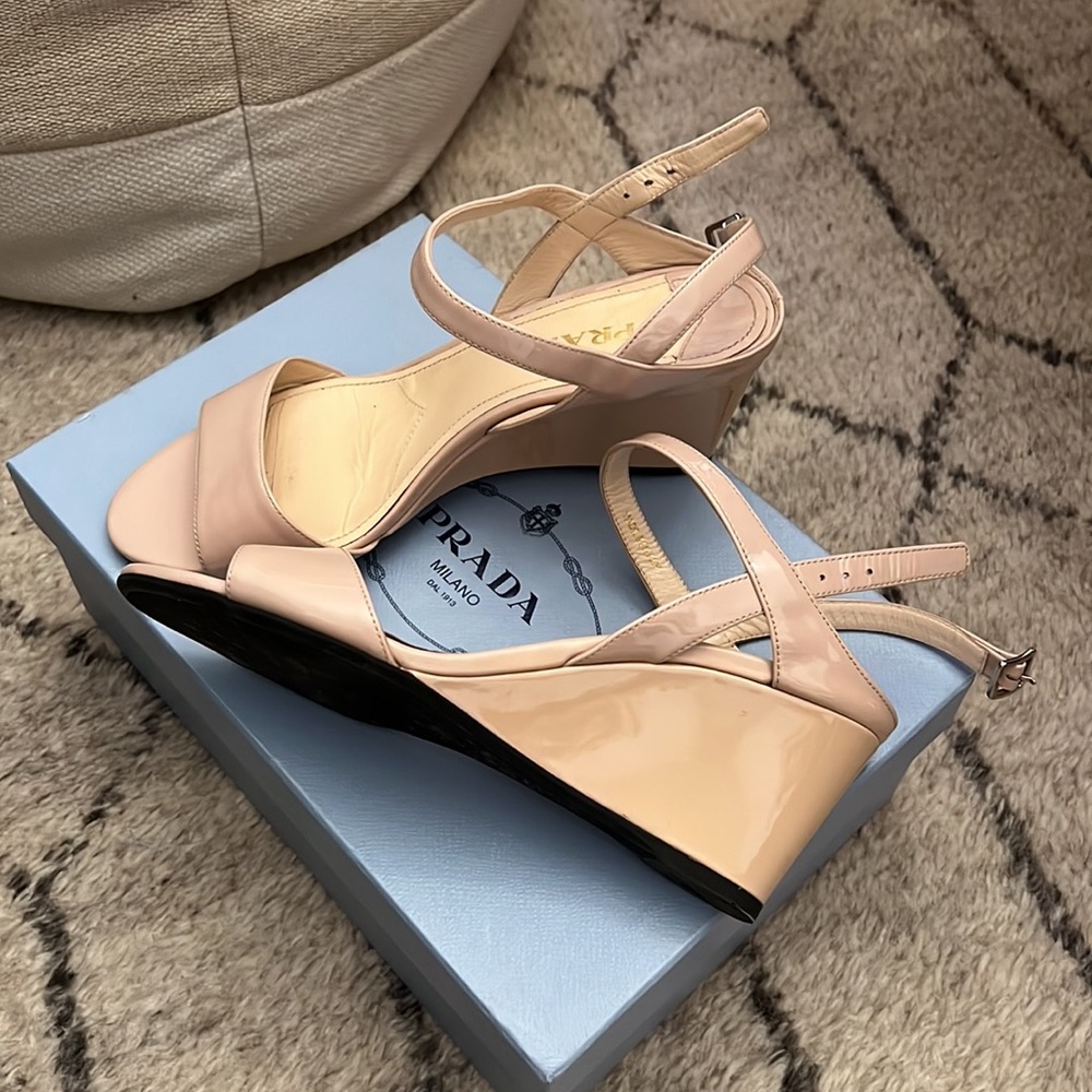 Prada Basic Slingback Wedge Sandal Beige Patent 3… - image 2